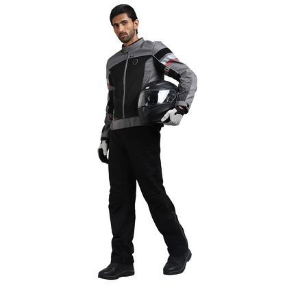 ROYAL ENFIELD EXPLORER PRINT RIDING JACKET|CE certified to class A- Entire Jacket|D3O CE level 2 armours at shoulders elbow & back|Adjustable straps all over|Standalone Rain Jacket|REDDITCH GREY L