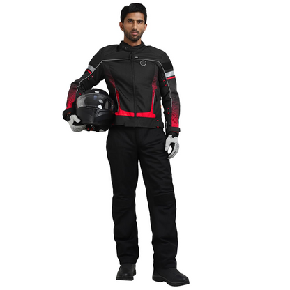 ROYAL ENFIELD EXPLORER PRINT RIDING JACKET|CE certified to class A- Entire Jacket|D3O CE level 2 armours at shoulders elbow & back|Adjustable straps all over|Standalone Rain Jacket|STELLAR RED L