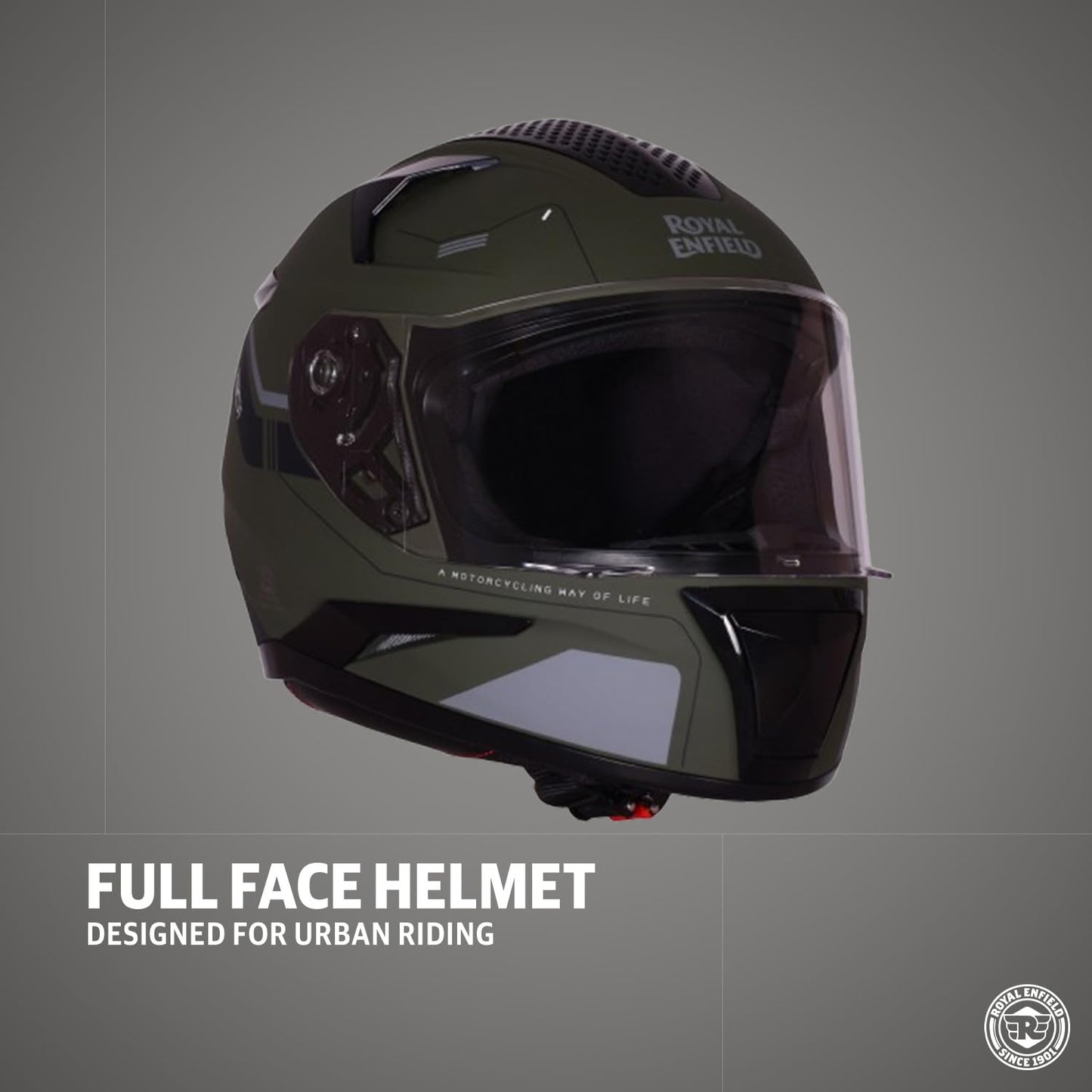 ROYAL ENFIELD AIR-X 1901 Full Face Helmet | Certification: ISI & DOT | High Impact Grade ABS Shell |Multipore Ventilation System | Aerodynamic Design with Aggressive Styling | Battle Green (M) 58 CM
