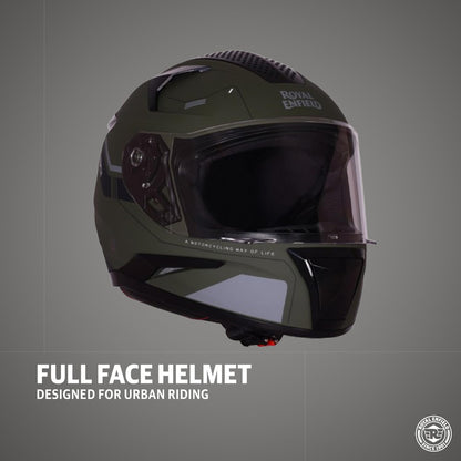 ROYAL ENFIELD AIR-X 1901 Full Face Helmet | Certification: ISI & DOT | High Impact Grade ABS Shell |Multipore Ventilation System | Aerodynamic Design with Aggressive Styling | Battle Green (M) 58 CM