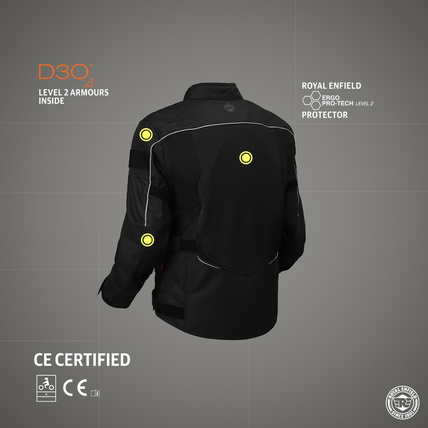 Royal Enfield Explorer V4 Pro Riding Jacket Black (L) 42 Cm with "D3O",Level 2 Protectors At Shoulders & Elbows & Fitted with Back Armours,“Ergo Pro Tech”,Level 2 Pockets For Chest Protectors