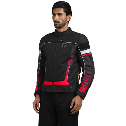 ROYAL ENFIELD EXPLORER PRINT RIDING JACKET|CE certified to class A- Entire Jacket|D3O CE level 2 armours at shoulders elbow & back|Adjustable straps all over|Standalone Rain Jacket|STELLAR RED L