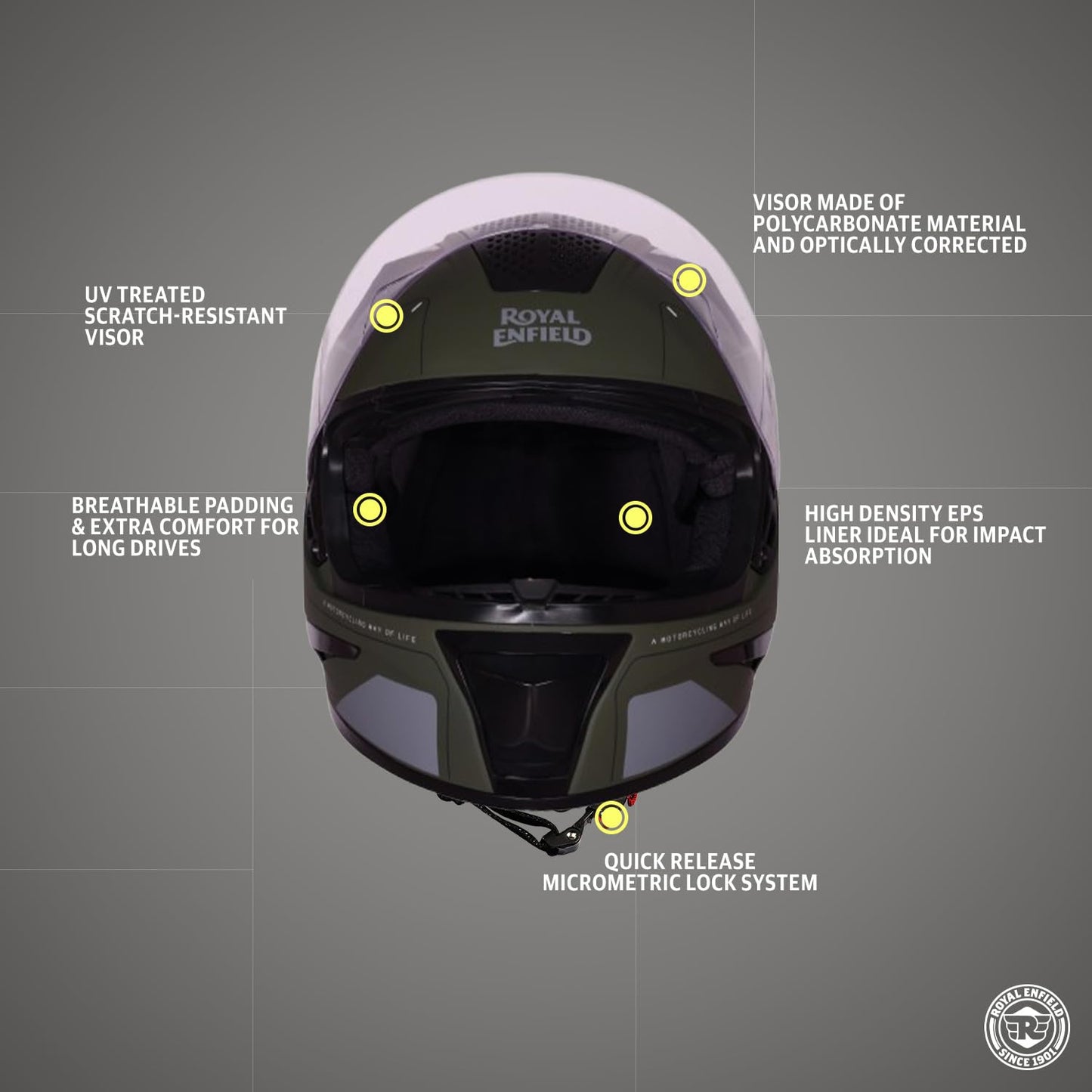 ROYAL ENFIELD AIR-X 1901 Full Face Helmet | Certification: ISI & DOT | High Impact Grade ABS Shell |Multipore Ventilation System | Aerodynamic Design with Aggressive Styling | Battle Green (M) 58 CM