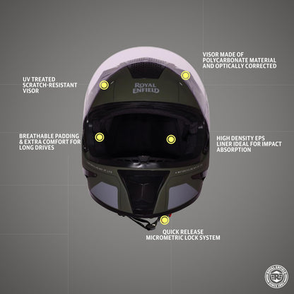 ROYAL ENFIELD AIR-X 1901 Full Face Helmet | Certification: ISI & DOT | High Impact Grade ABS Shell |Multipore Ventilation System | Aerodynamic Design with Aggressive Styling | Battle Green (M) 58 CM