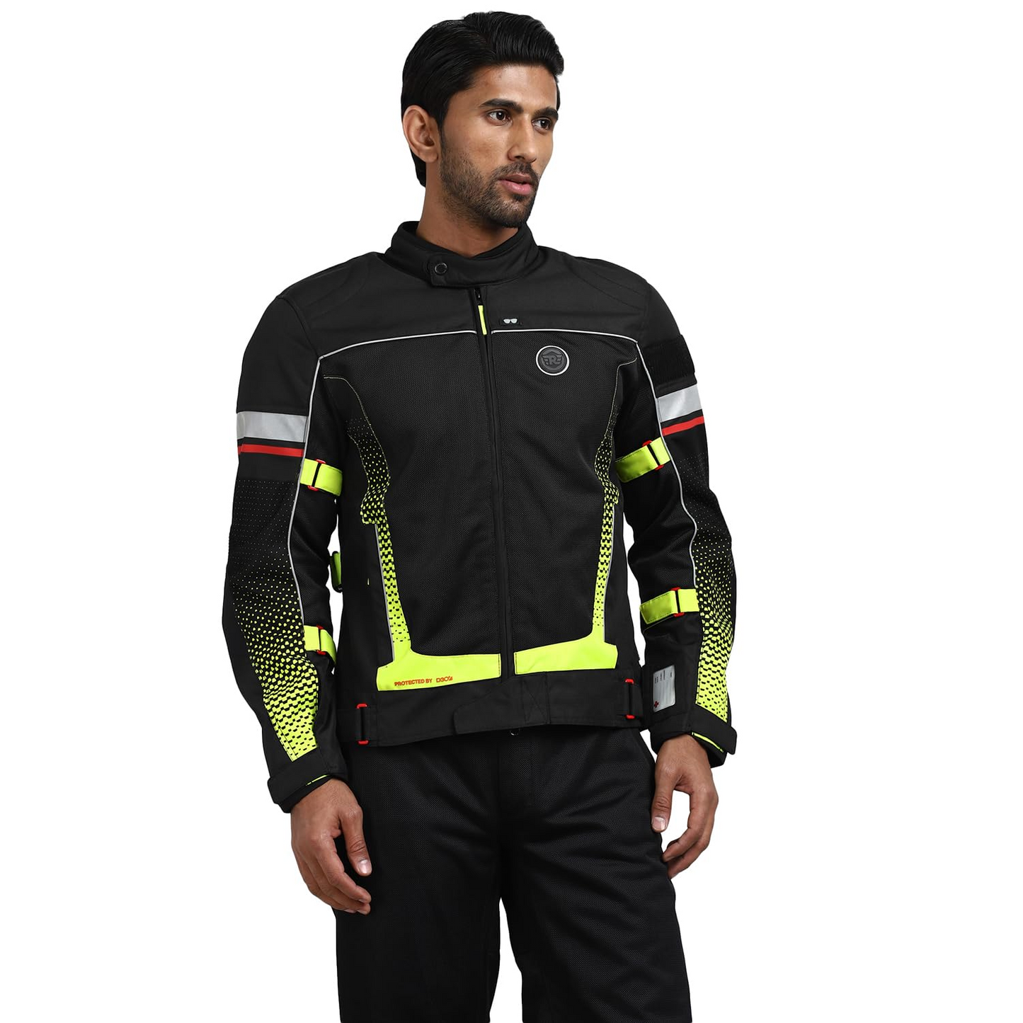 ROYAL ENFIELD EXPLORER PRINT RIDING JACKET|CE certified to class A- Entire Jacket|D3O CE level 2 armours at shoulders elbow & back|Adjustable straps all over|Standalone Rain Jacket|AURORA GREEN L