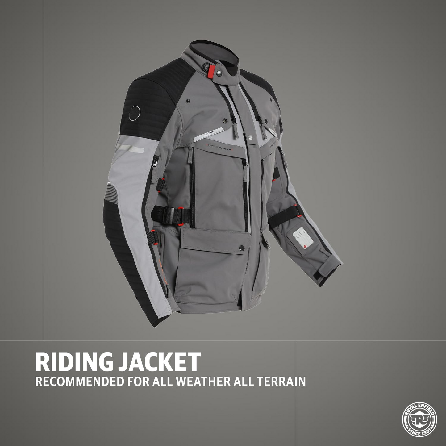 Royal Enfield Mens Polyester Nirvik V2 Riding Standard Length Jacket Charcoal (M) 40 Cm with D3O Level 2 Protectors At Shoulders And Elbows, Ergo Pro Tech Back Armours For Advance Level Safety