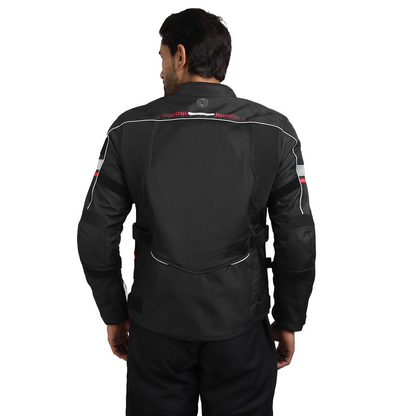 ROYAL ENFIELD EXPLORER PRINT RIDING JACKET|CE certified to class A- Entire Jacket|D3O CE level 2 armours at shoulders elbow & back|Adjustable straps all over|Standalone Rain Jacket|STELLAR RED L
