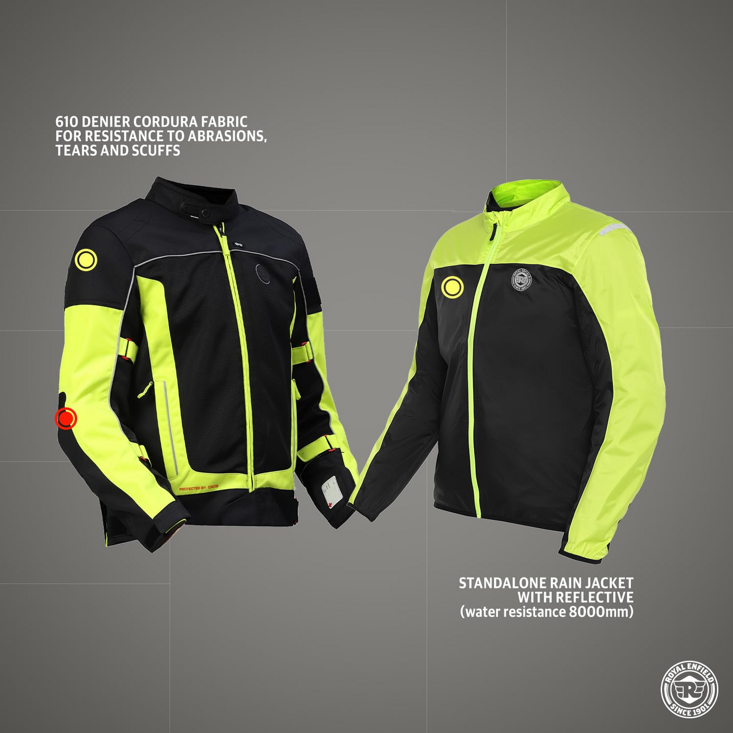 Royal Enfield Explorer V4 Pro Riding Jacket Neon Green (XL) 44Cm with "D3O",Level 2 Protectors At Shoulders & Elbows & Fitted with Back Armours,“Ergo Pro Tech”,Level 2 Pockets For Chest Protectors