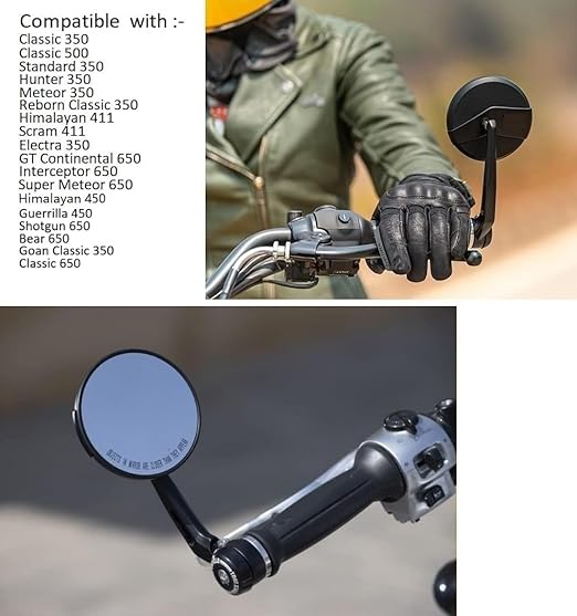 Bar End Mirrors Pair for Royal Enfield Bikes – Round Convex Handlebar End Mirrors Compatible with Classic 350, Bullet, Hunter, Meteor 350, Super Meteor 650, Interceptor, GT 650, Himalayan 411/450, Scram 411 – Universal Fit