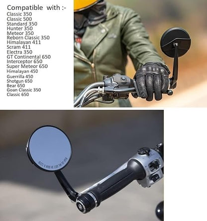 Bar End Mirrors Pair for Royal Enfield Bikes – Round Convex Handlebar End Mirrors Compatible with Classic 350, Bullet, Hunter, Meteor 350, Super Meteor 650, Interceptor, GT 650, Himalayan 411/450, Scram 411 – Universal Fit