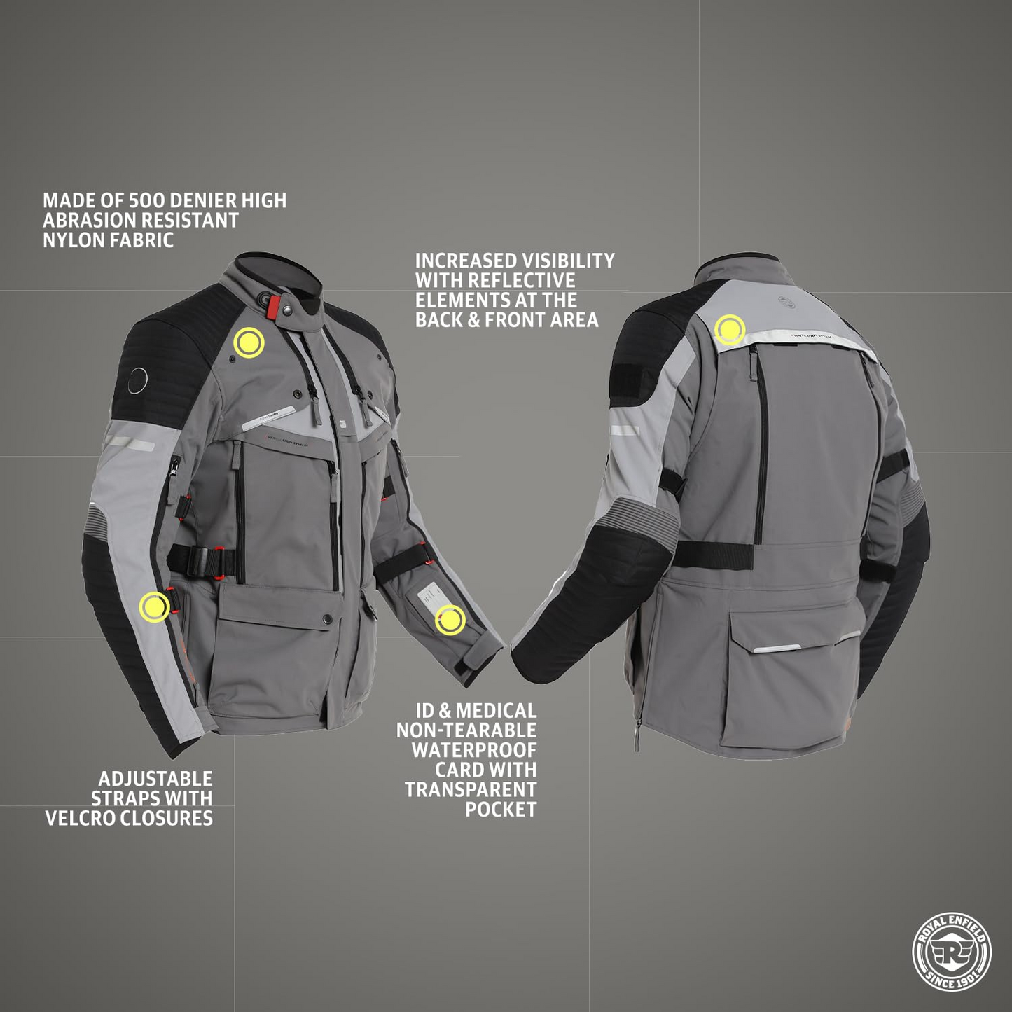 Royal Enfield Mens Polyester Nirvik V2 Riding Standard Length Jacket Charcoal (M) 40 Cm with D3O Level 2 Protectors At Shoulders And Elbows, Ergo Pro Tech Back Armours For Advance Level Safety