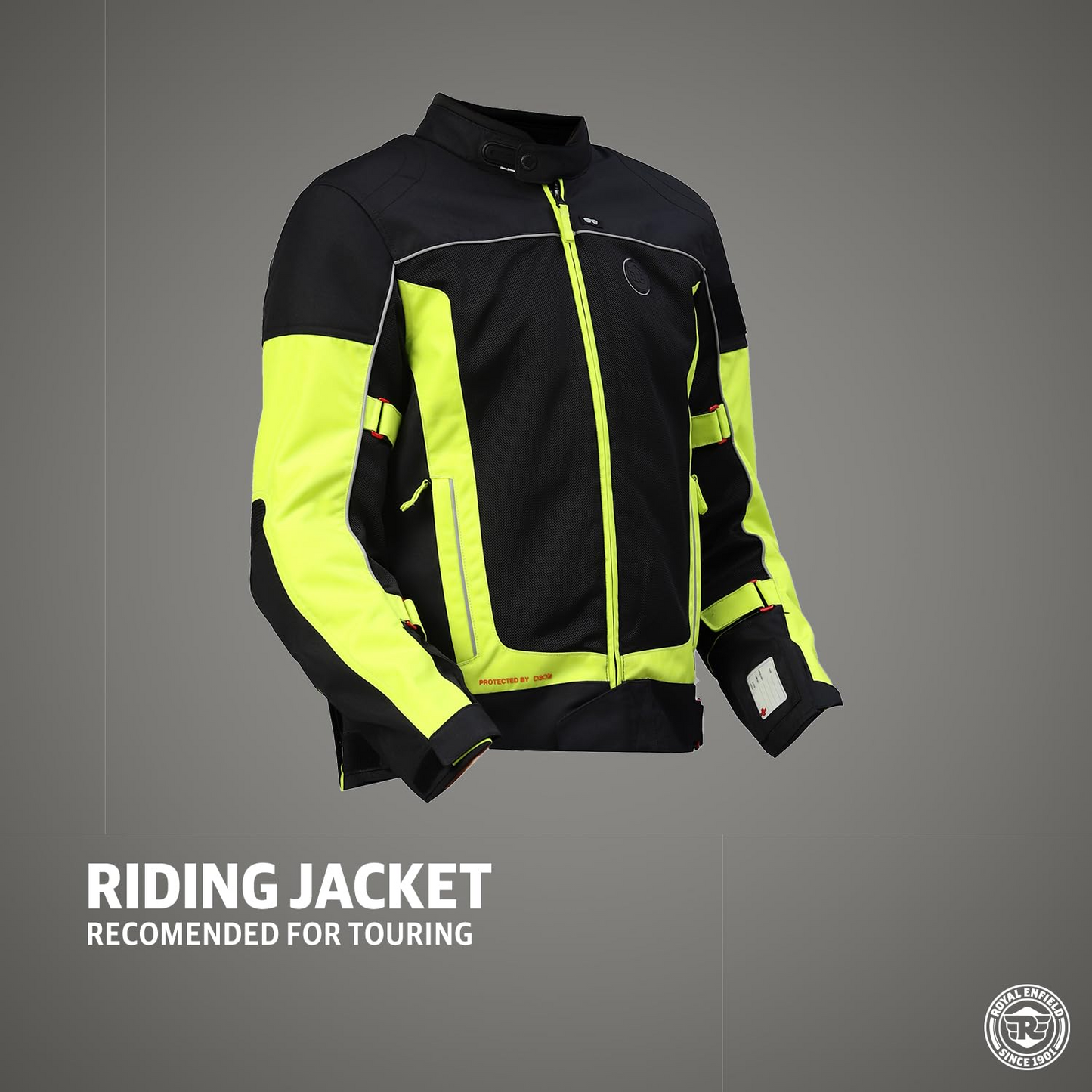 Royal Enfield Explorer V4 Pro Riding Jacket Neon Green (XL) 44Cm with "D3O",Level 2 Protectors At Shoulders & Elbows & Fitted with Back Armours,“Ergo Pro Tech”,Level 2 Pockets For Chest Protectors