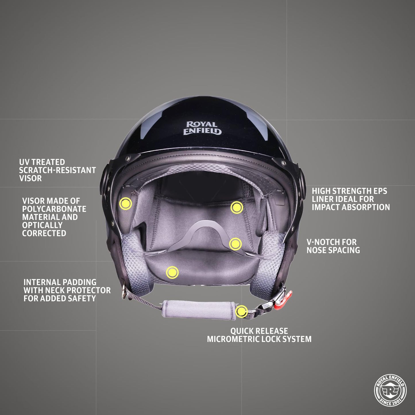 ROYAL ENFIELD Airforce 1901 Open Face Helmet | Certification: ISI & DOT | High Impact Grade ABS Shell | High Strength EPS Liner for Added Strength| Sleek Aviator Inspired Design | Black (L) 60 CM