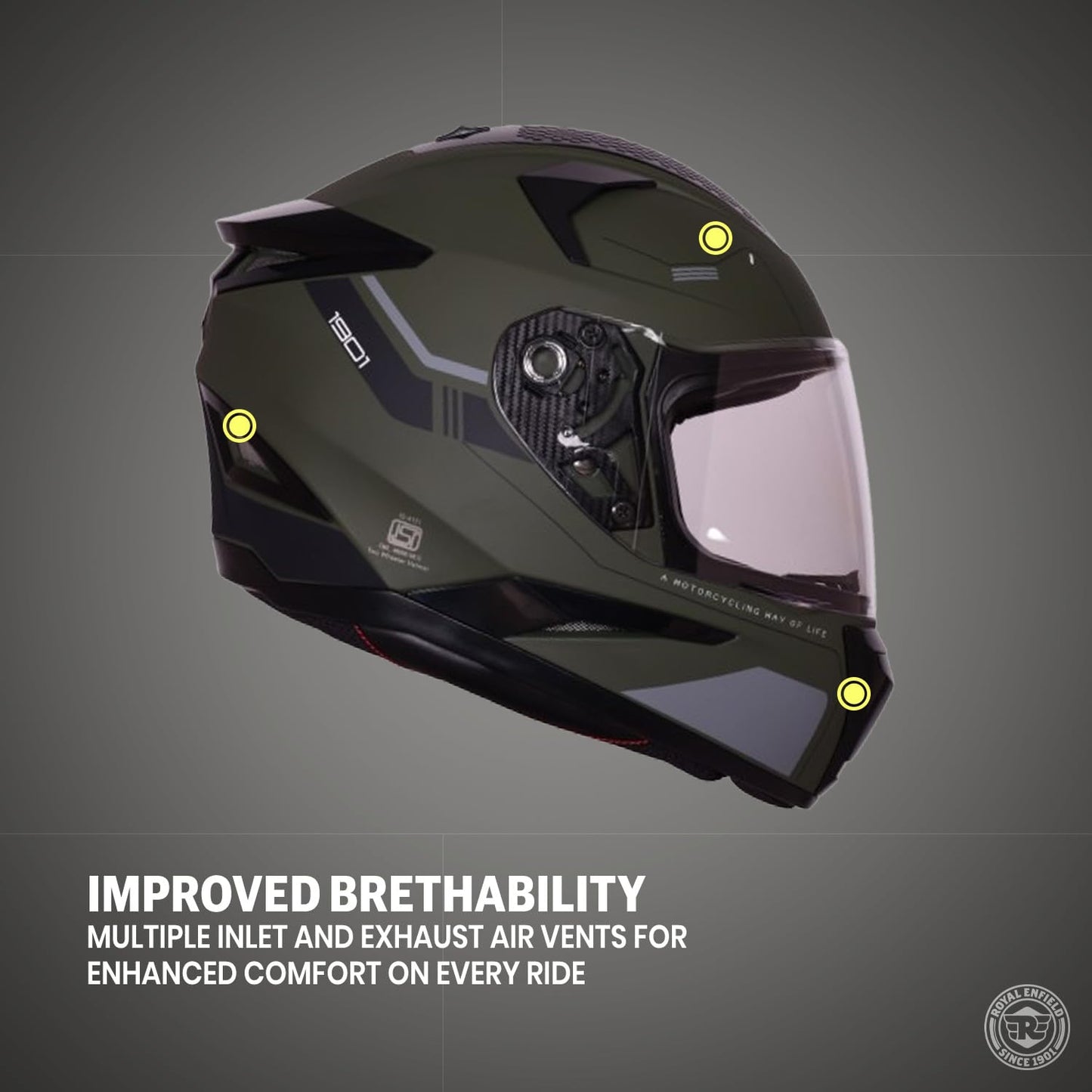 ROYAL ENFIELD AIR-X 1901 Full Face Helmet | Certification: ISI & DOT | High Impact Grade ABS Shell |Multipore Ventilation System | Aerodynamic Design with Aggressive Styling | Battle Green (M) 58 CM