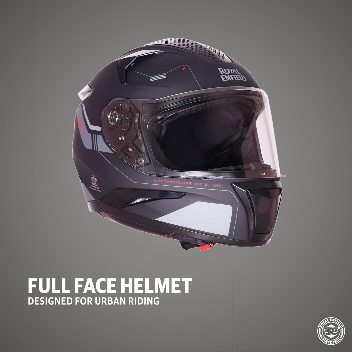 ROYAL ENFIELD AIR-X 1901 Full Face Helmet | Certification: ISI & DOT | High Impact Grade ABS Shell |Multipore Ventilation System | Aerodynamic Design with Aggressive Styling | Black (M) 58 CM