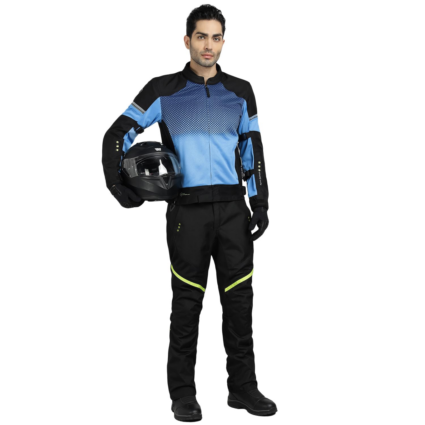 ROYAL ENFIELD HIGH STREET ECO RIDING JACKET|CE level 2 armours at Shoulders & Elbows CE level 2 armour at back, XY CE level 1 armour at Chest|Super soft Neoprene fabric at collar |BLUE XL
