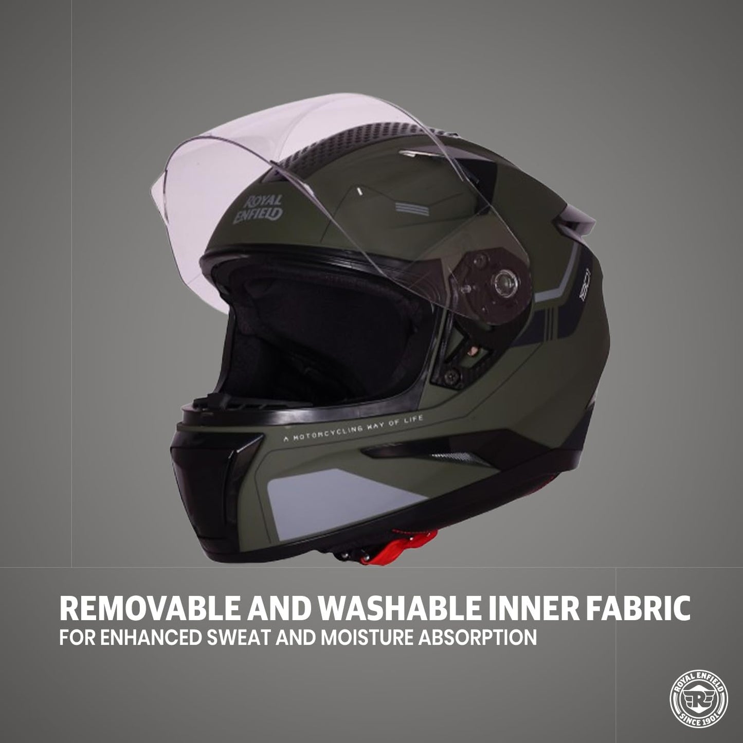 ROYAL ENFIELD AIR-X 1901 Full Face Helmet | Certification: ISI & DOT | High Impact Grade ABS Shell |Multipore Ventilation System | Aerodynamic Design with Aggressive Styling | Battle Green (M) 58 CM