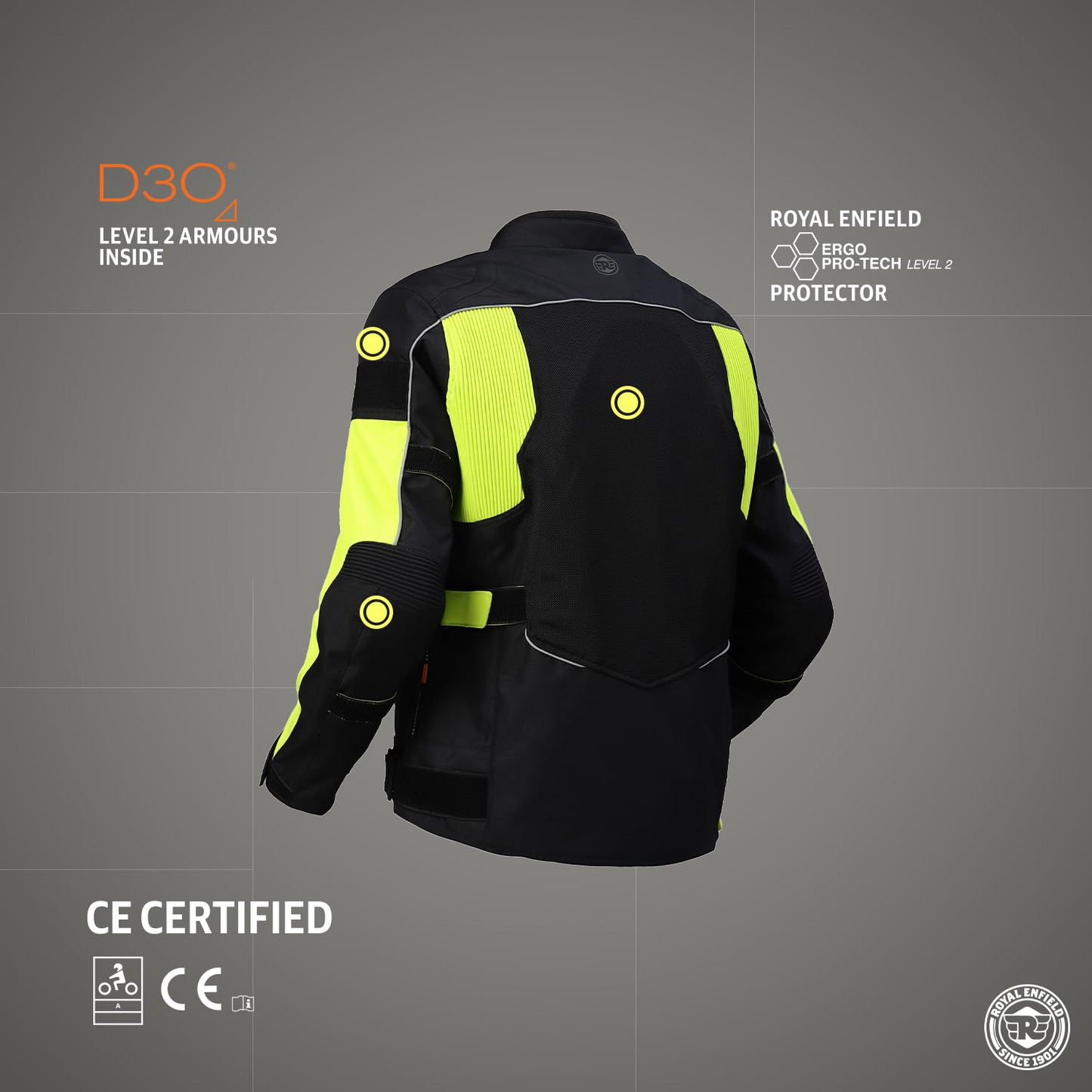 Royal Enfield Explorer V4 Pro Riding Jacket Neon Green (XL) 44Cm with "D3O",Level 2 Protectors At Shoulders & Elbows & Fitted with Back Armours,“Ergo Pro Tech”,Level 2 Pockets For Chest Protectors