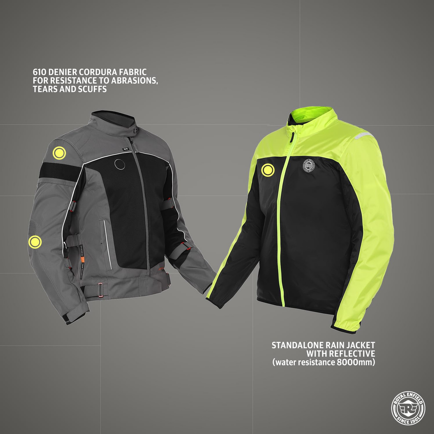 Royal Enfield Explorer V4 Pro Riding Jacket Grey (XL) 44 Cm with "D3O",Level 2 Protectors At Shoulders & Elbows & Fitted with Back Armours,“Ergo Pro Tech”,Level 2 Pockets For Chest Protectors