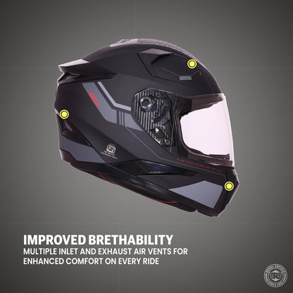 ROYAL ENFIELD AIR-X 1901 Full Face Helmet | Certification: ISI & DOT | High Impact Grade ABS Shell |Multipore Ventilation System | Aerodynamic Design with Aggressive Styling | Black (M) 58 CM