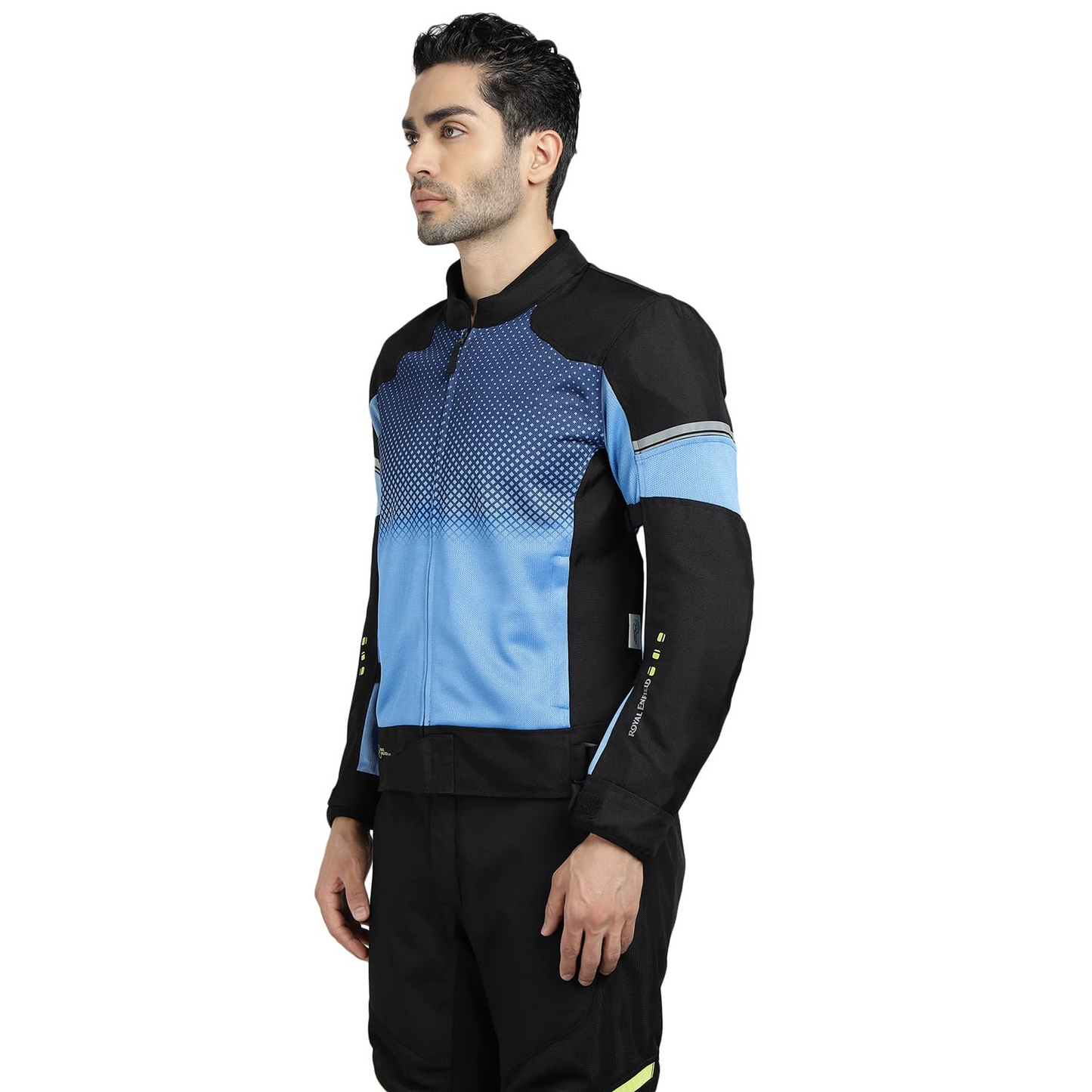 ROYAL ENFIELD HIGH STREET ECO RIDING JACKET|CE level 2 armours at Shoulders & Elbows CE level 2 armour at back, XY CE level 1 armour at Chest|Super soft Neoprene fabric at collar |BLUE XL