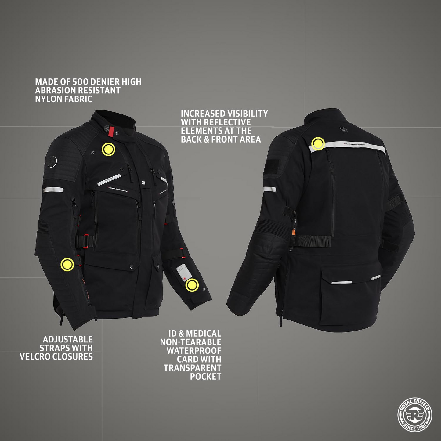 Royal Enfield Mens Polyester Nirvik V2 Riding Standard Length Jacket Charcoal (M) 40 Cm with D3O Level 2 Protectors At Shoulders And Elbows, Ergo Pro Tech Back Armours For Advance Level Safety