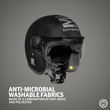 Royal Enfield Open Face MLG Helmet |Made Like a Gun | with Clear Visor | Impact Protection | High Density EPS | ISI and DOT Certified | Micrometric Lock MATT Black (M) 58 CM