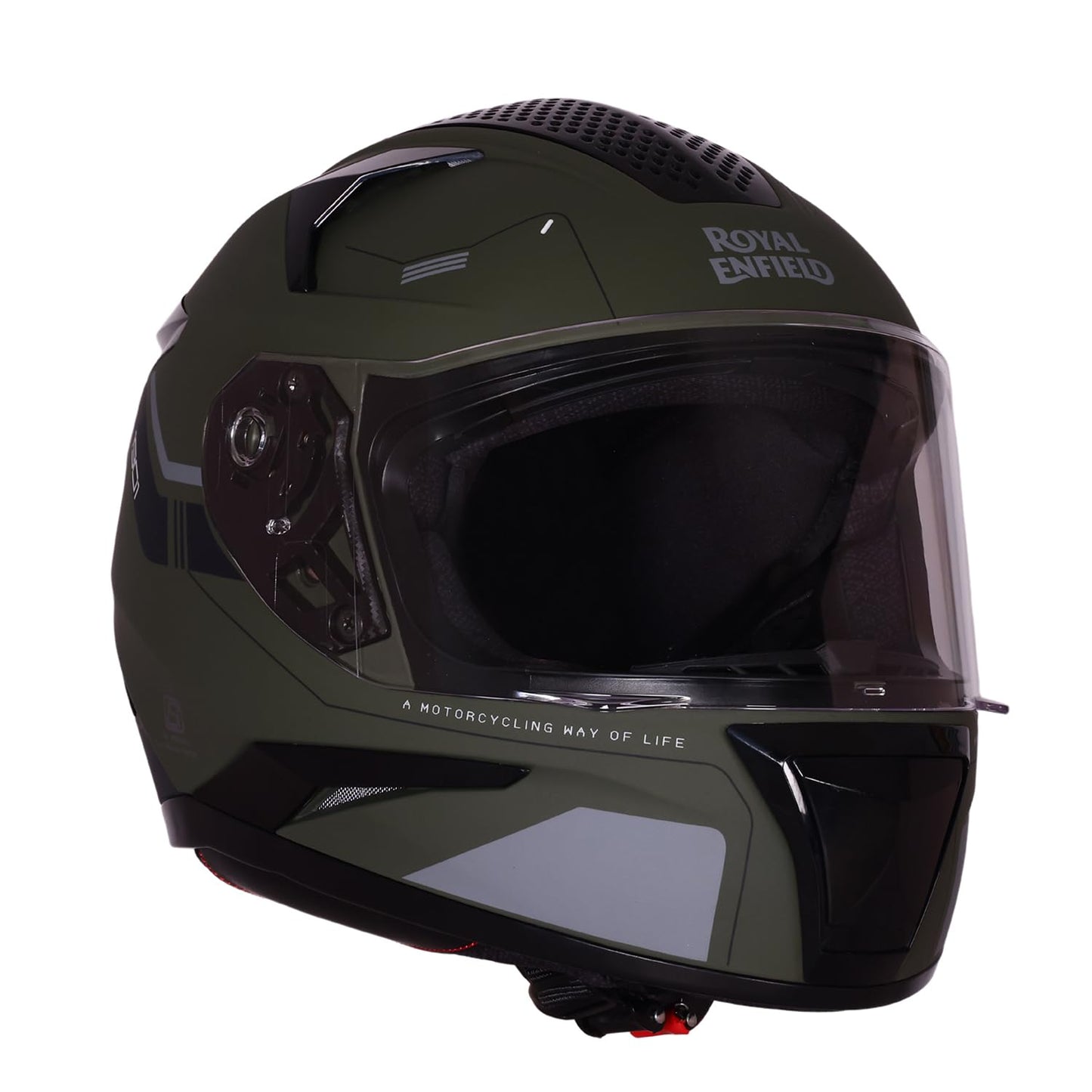 ROYAL ENFIELD AIR-X 1901 Full Face Helmet | Certification: ISI & DOT | High Impact Grade ABS Shell |Multipore Ventilation System | Aerodynamic Design with Aggressive Styling | Battle Green (M) 58 CM