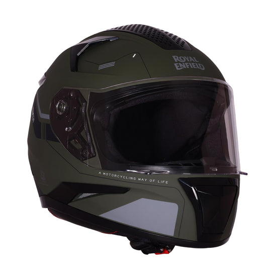 ROYAL ENFIELD AIR-X 1901 Full Face Helmet | Certification: ISI & DOT | High Impact Grade ABS Shell |Multipore Ventilation System | Aerodynamic Design with Aggressive Styling | Battle Green (M) 58 CM