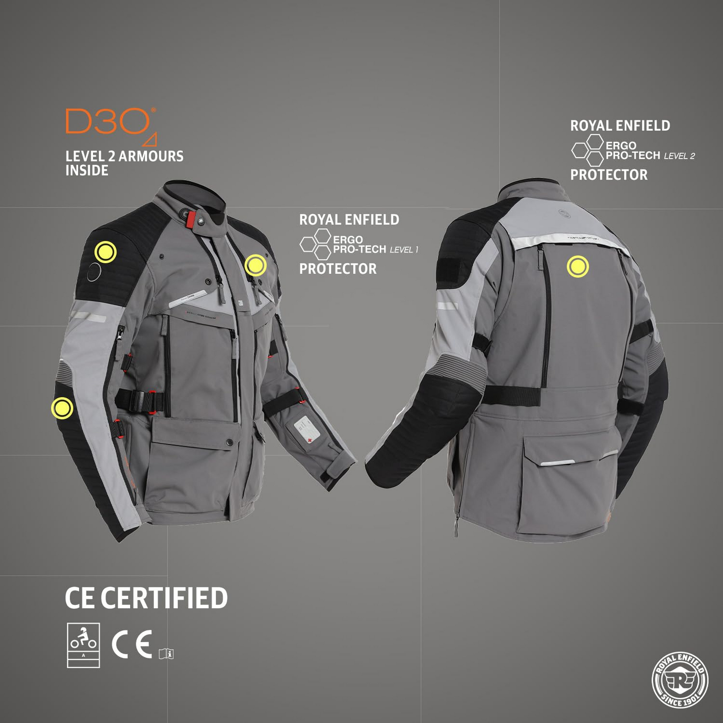 Royal Enfield Mens Polyester Nirvik V2 Riding Standard Length Jacket Charcoal (M) 40 Cm with D3O Level 2 Protectors At Shoulders And Elbows, Ergo Pro Tech Back Armours For Advance Level Safety