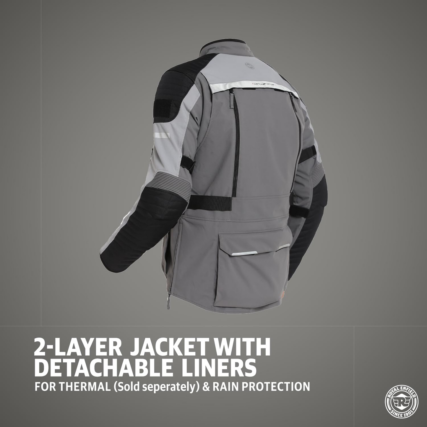Royal Enfield Mens Polyester Nirvik V2 Riding Standard Length Jacket Charcoal (M) 40 Cm with D3O Level 2 Protectors At Shoulders And Elbows, Ergo Pro Tech Back Armours For Advance Level Safety