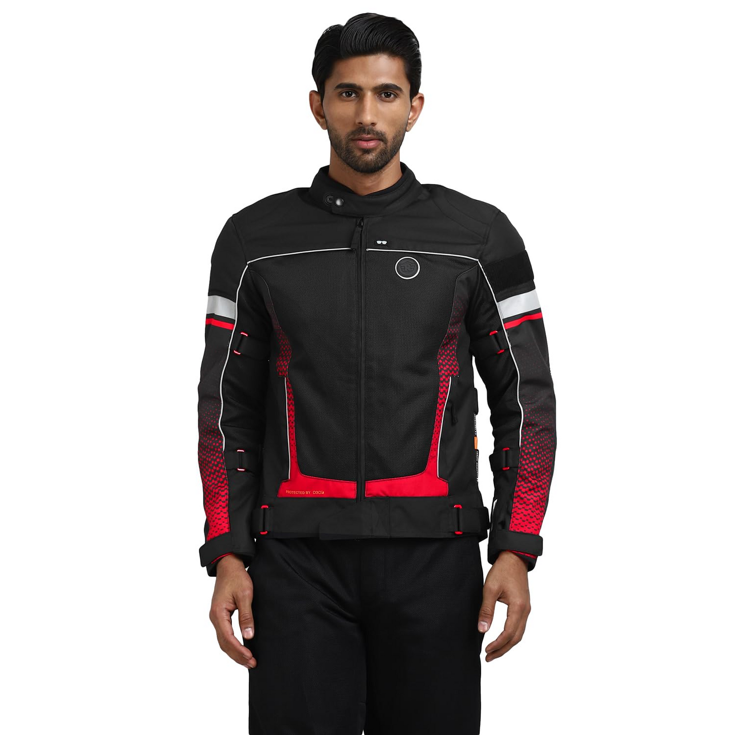 ROYAL ENFIELD EXPLORER PRINT RIDING JACKET|CE certified to class A- Entire Jacket|D3O CE level 2 armours at shoulders elbow & back|Adjustable straps all over|Standalone Rain Jacket|STELLAR RED L