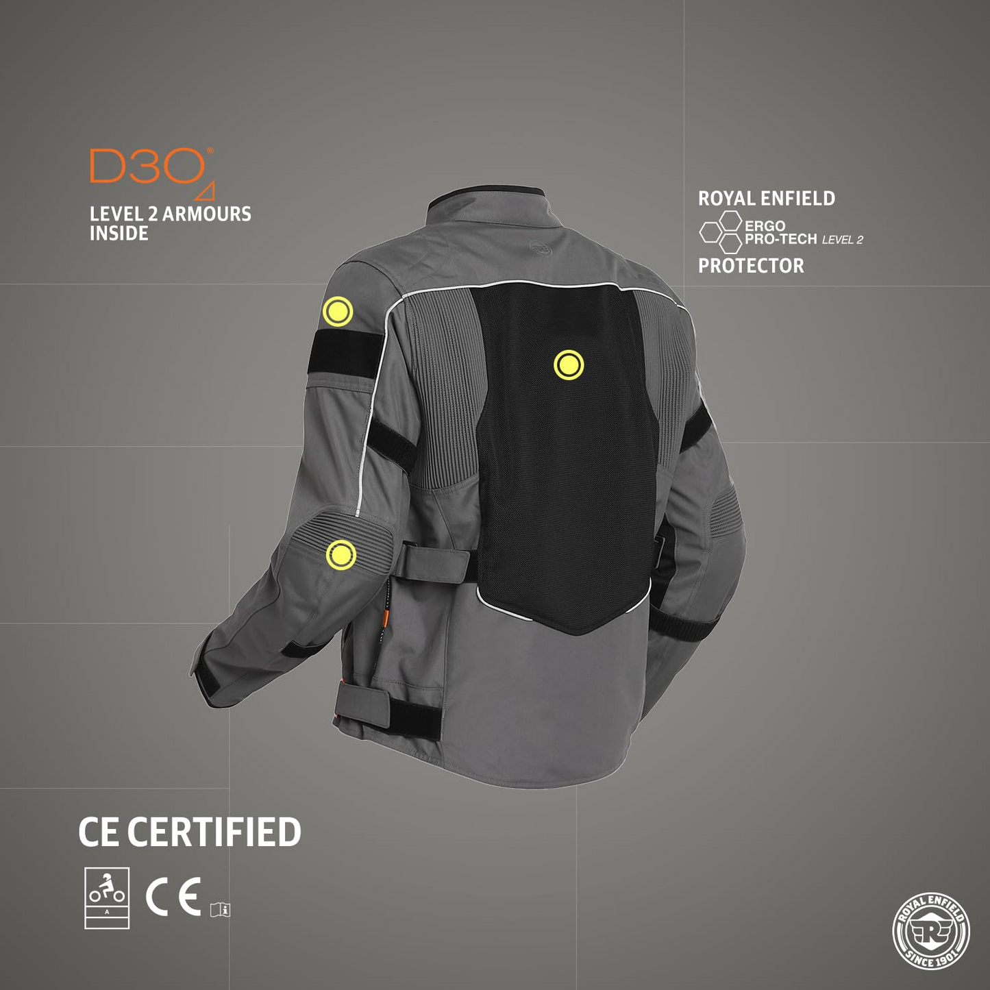 Royal Enfield Explorer V4 Pro Riding Jacket Grey (XL) 44 Cm with "D3O",Level 2 Protectors At Shoulders & Elbows & Fitted with Back Armours,“Ergo Pro Tech”,Level 2 Pockets For Chest Protectors