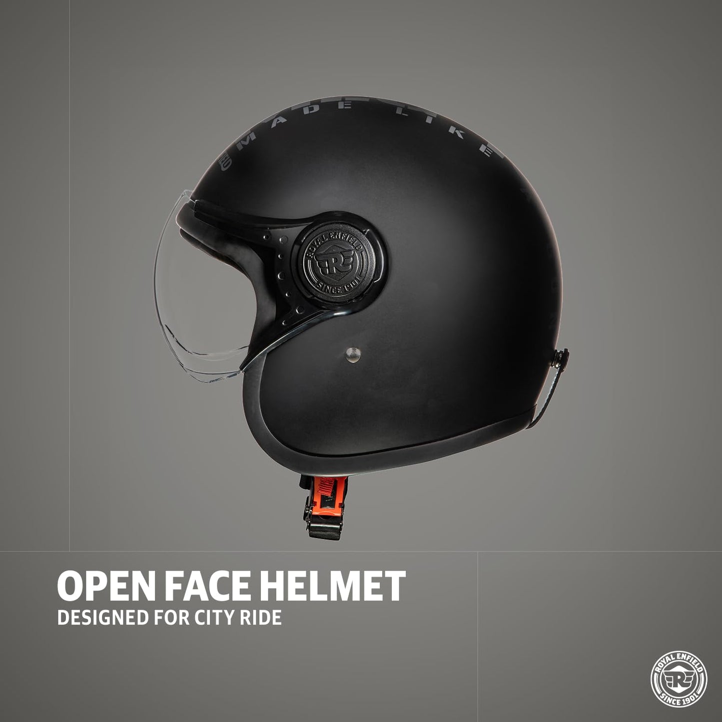 Royal Enfield Open Face MLG Helmet |Made Like a Gun | with Clear Visor | Impact Protection | High Density EPS | ISI and DOT Certified | Micrometric Lock MATT Black (M) 58 CM