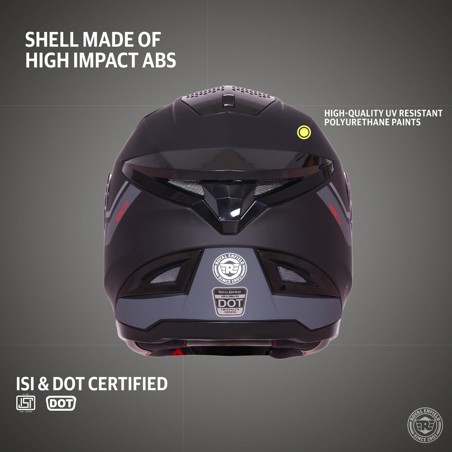 ROYAL ENFIELD AIR-X 1901 Full Face Helmet | Certification: ISI & DOT | High Impact Grade ABS Shell |Multipore Ventilation System | Aerodynamic Design with Aggressive Styling | Black (M) 58 CM