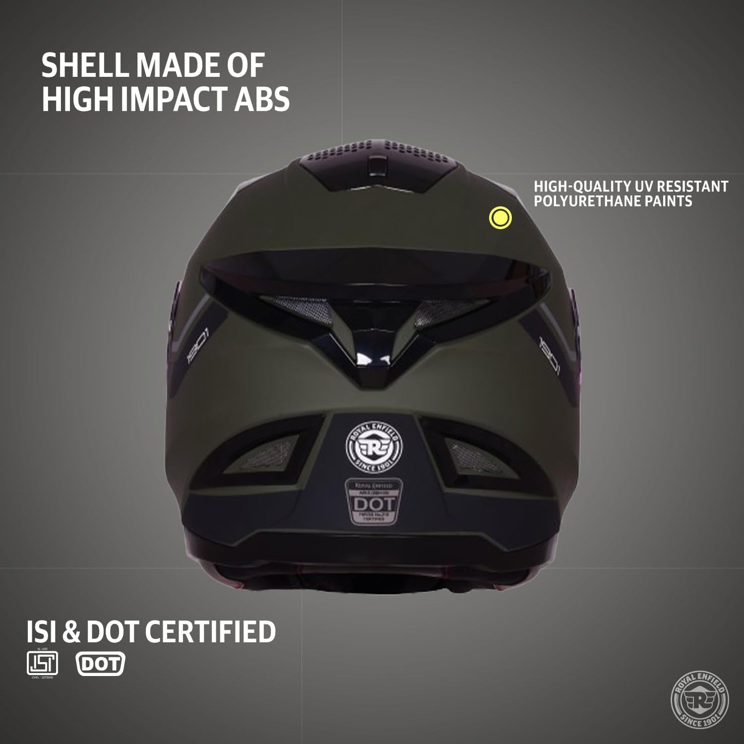 ROYAL ENFIELD AIR-X 1901 Full Face Helmet | Certification: ISI & DOT | High Impact Grade ABS Shell |Multipore Ventilation System | Aerodynamic Design with Aggressive Styling | Battle Green (M) 58 CM