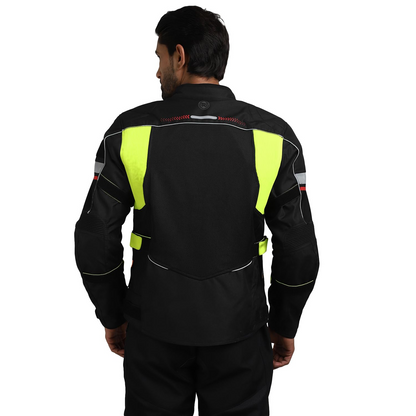 ROYAL ENFIELD EXPLORER PRINT RIDING JACKET|CE certified to class A- Entire Jacket|D3O CE level 2 armours at shoulders elbow & back|Adjustable straps all over|Standalone Rain Jacket|AURORA GREEN L