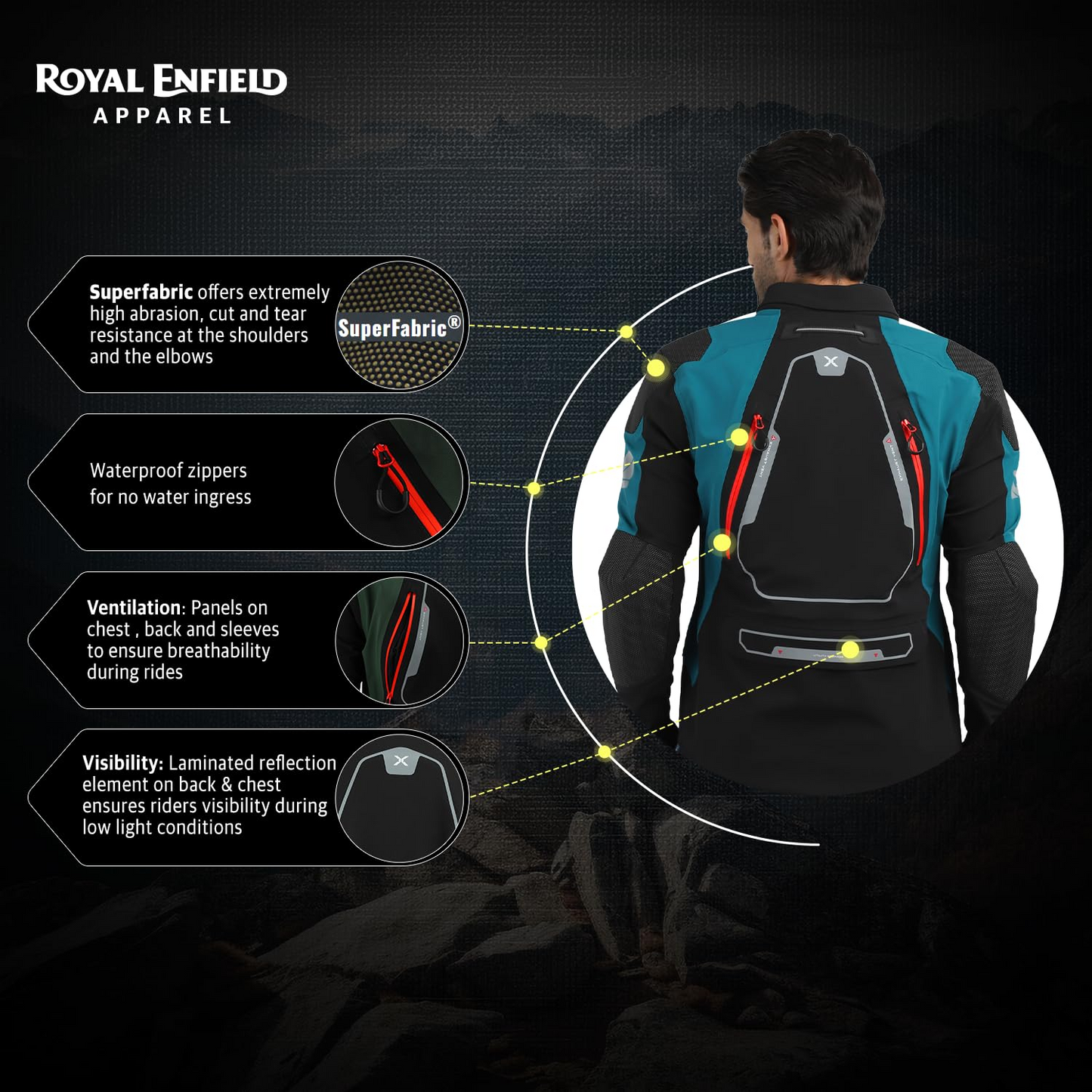 ROYAL ENFIELD ADVENTURER XT RIDING JACKET | Superfabric: High abrasion resistance | Waterproof & Detachable Winter/Thermal liner | Level 2 Protectors