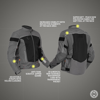 Royal Enfield Explorer V4 Pro Riding Jacket Grey (XL) 44 Cm with "D3O",Level 2 Protectors At Shoulders & Elbows & Fitted with Back Armours,“Ergo Pro Tech”,Level 2 Pockets For Chest Protectors