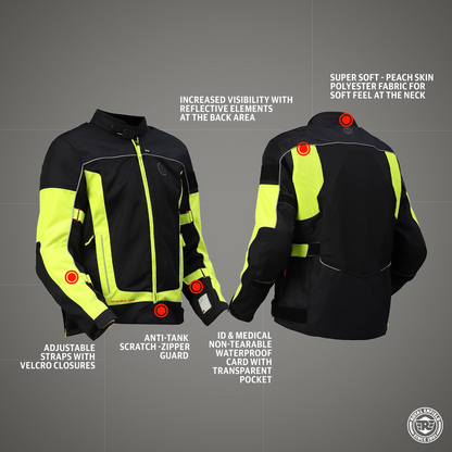 Royal Enfield Explorer V4 Pro Riding Jacket Neon Green (XL) 44Cm with "D3O",Level 2 Protectors At Shoulders & Elbows & Fitted with Back Armours,“Ergo Pro Tech”,Level 2 Pockets For Chest Protectors