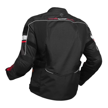 ROYAL ENFIELD EXPLORER PRINT RIDING JACKET|CE certified to class A- Entire Jacket|D3O CE level 2 armours at shoulders elbow & back|Adjustable straps all over|Standalone Rain Jacket|STELLAR RED L