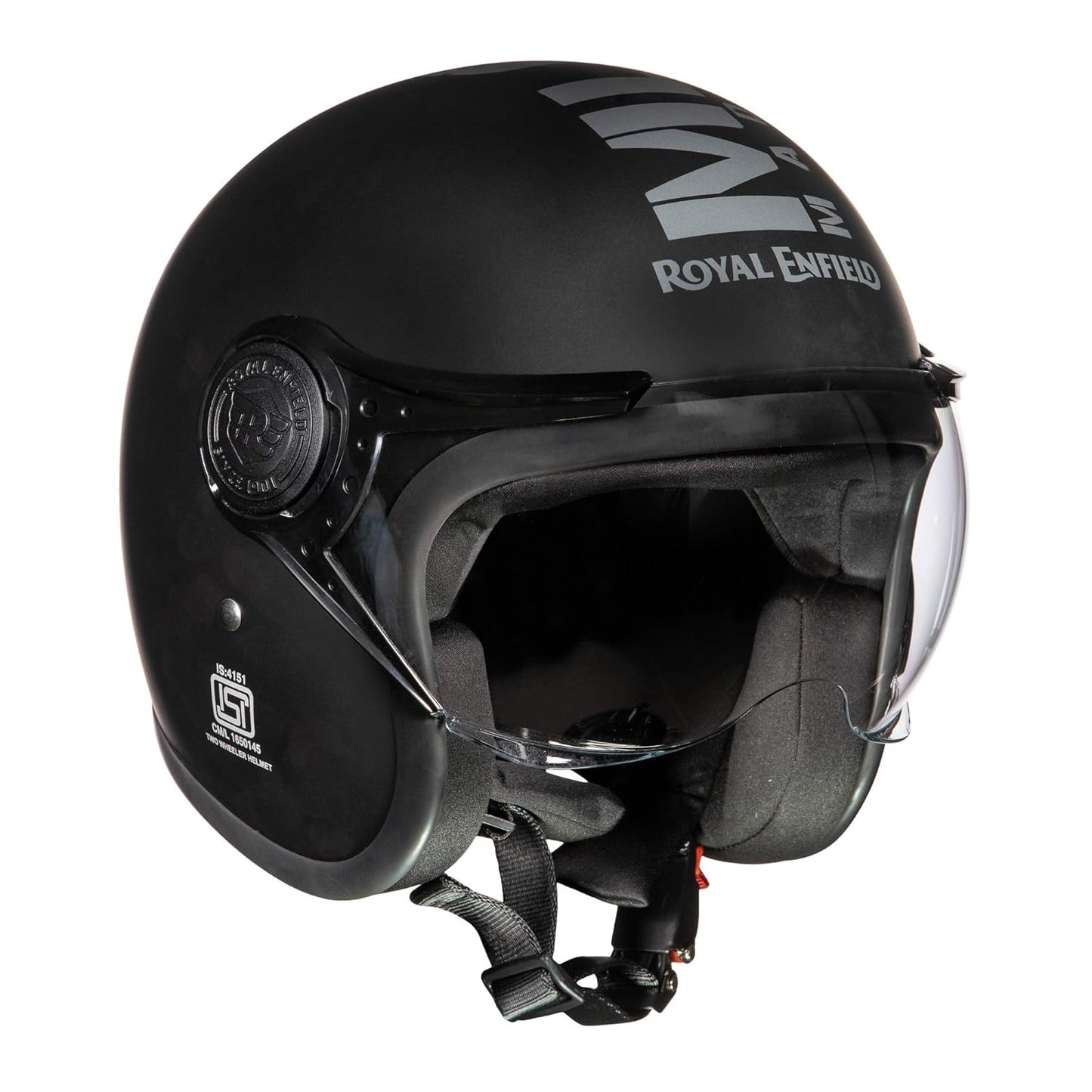 Royal Enfield Open Face MLG Helmet |Made Like a Gun | with Clear Visor | Impact Protection | High Density EPS | ISI and DOT Certified | Micrometric Lock MATT Black (M) 58 CM