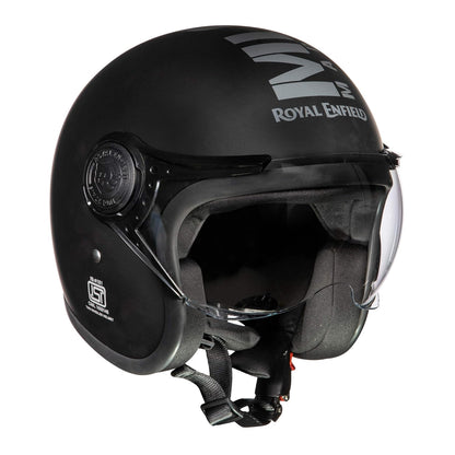 Royal Enfield Open Face MLG Helmet |Made Like a Gun | with Clear Visor | Impact Protection | High Density EPS | ISI and DOT Certified | Micrometric Lock MATT Black (M) 58 CM