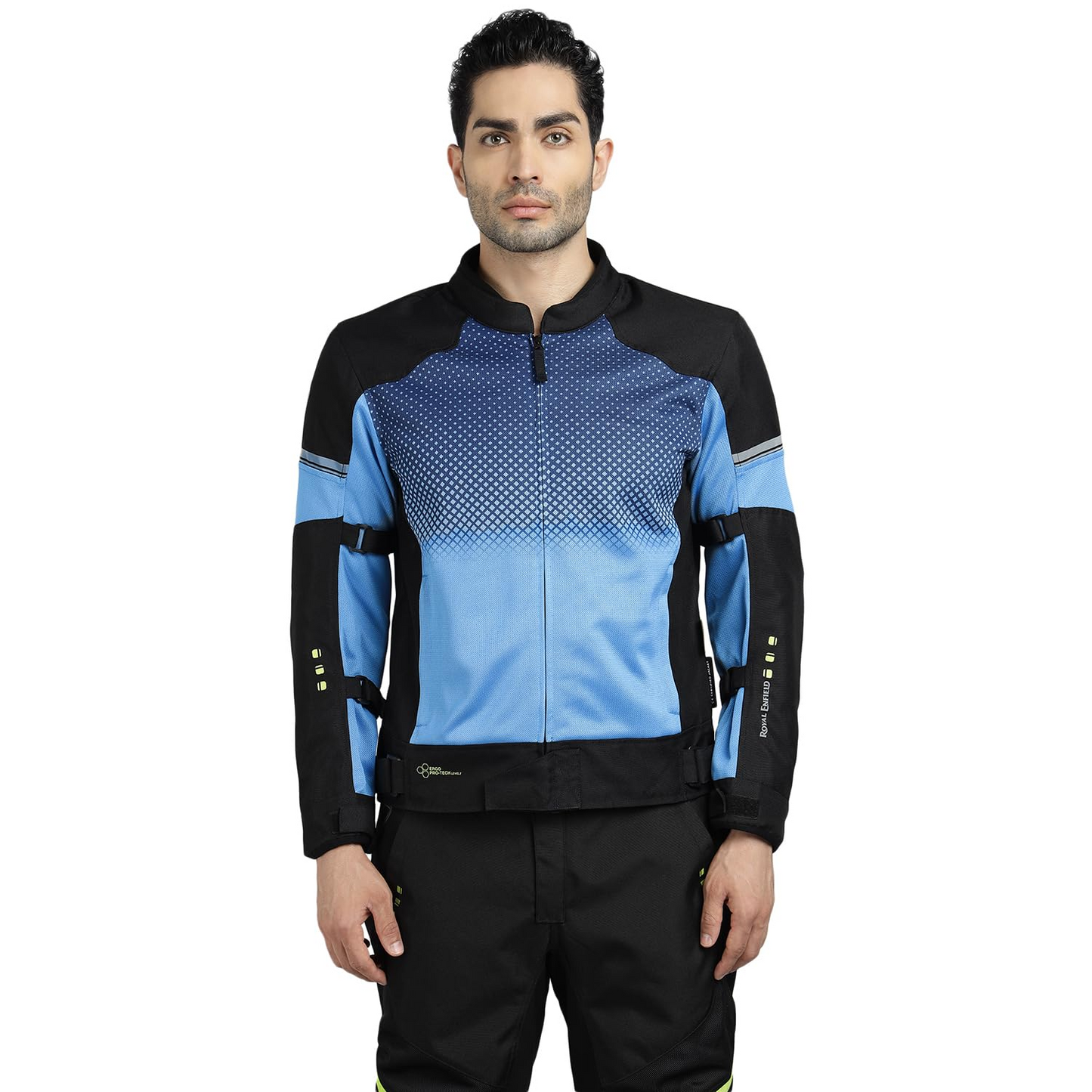 ROYAL ENFIELD HIGH STREET ECO RIDING JACKET|CE level 2 armours at Shoulders & Elbows CE level 2 armour at back, XY CE level 1 armour at Chest|Super soft Neoprene fabric at collar |BLUE XL