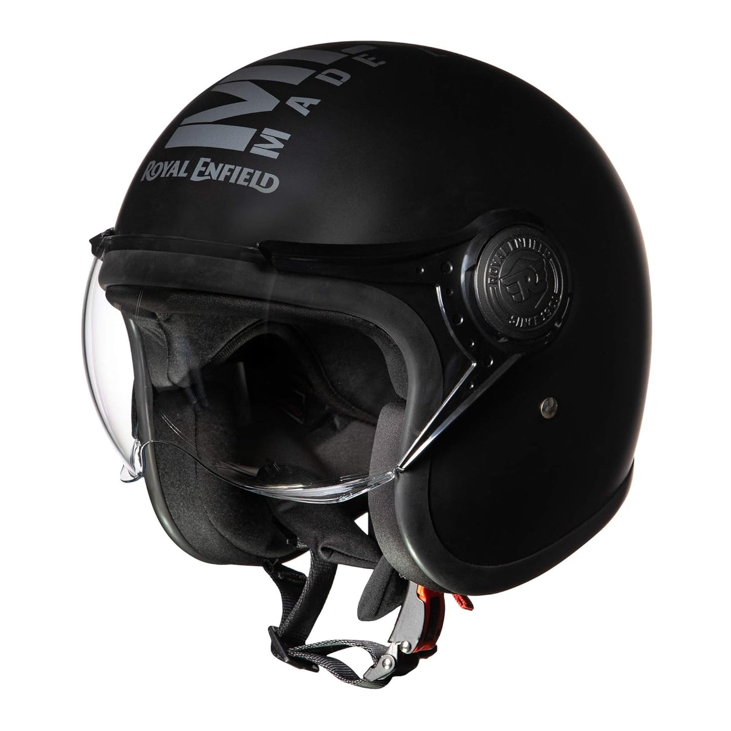 Royal Enfield Open Face MLG Helmet |Made Like a Gun | with Clear Visor | Impact Protection | High Density EPS | ISI and DOT Certified | Micrometric Lock MATT Black (M) 58 CM