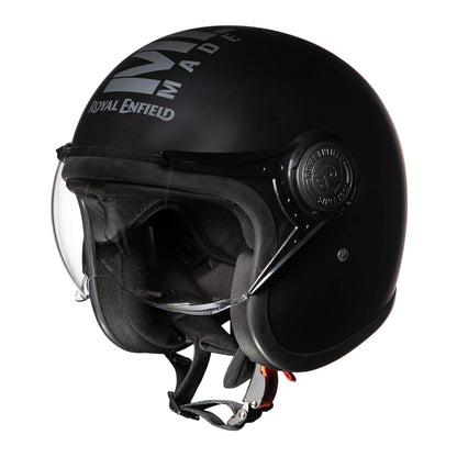 Royal Enfield Open Face MLG Helmet |Made Like a Gun | with Clear Visor | Impact Protection | High Density EPS | ISI and DOT Certified | Micrometric Lock MATT Black (M) 58 CM