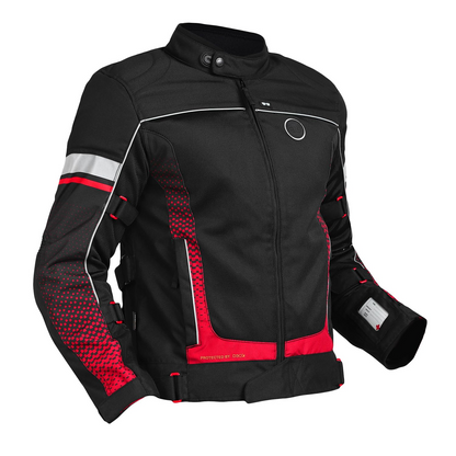 ROYAL ENFIELD EXPLORER PRINT RIDING JACKET|CE certified to class A- Entire Jacket|D3O CE level 2 armours at shoulders elbow & back|Adjustable straps all over|Standalone Rain Jacket|STELLAR RED L