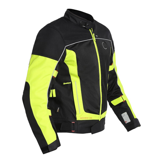 Royal Enfield Explorer V4 Pro Riding Jacket Neon Green (XL) 44Cm with "D3O",Level 2 Protectors At Shoulders & Elbows & Fitted with Back Armours,“Ergo Pro Tech”,Level 2 Pockets For Chest Protectors