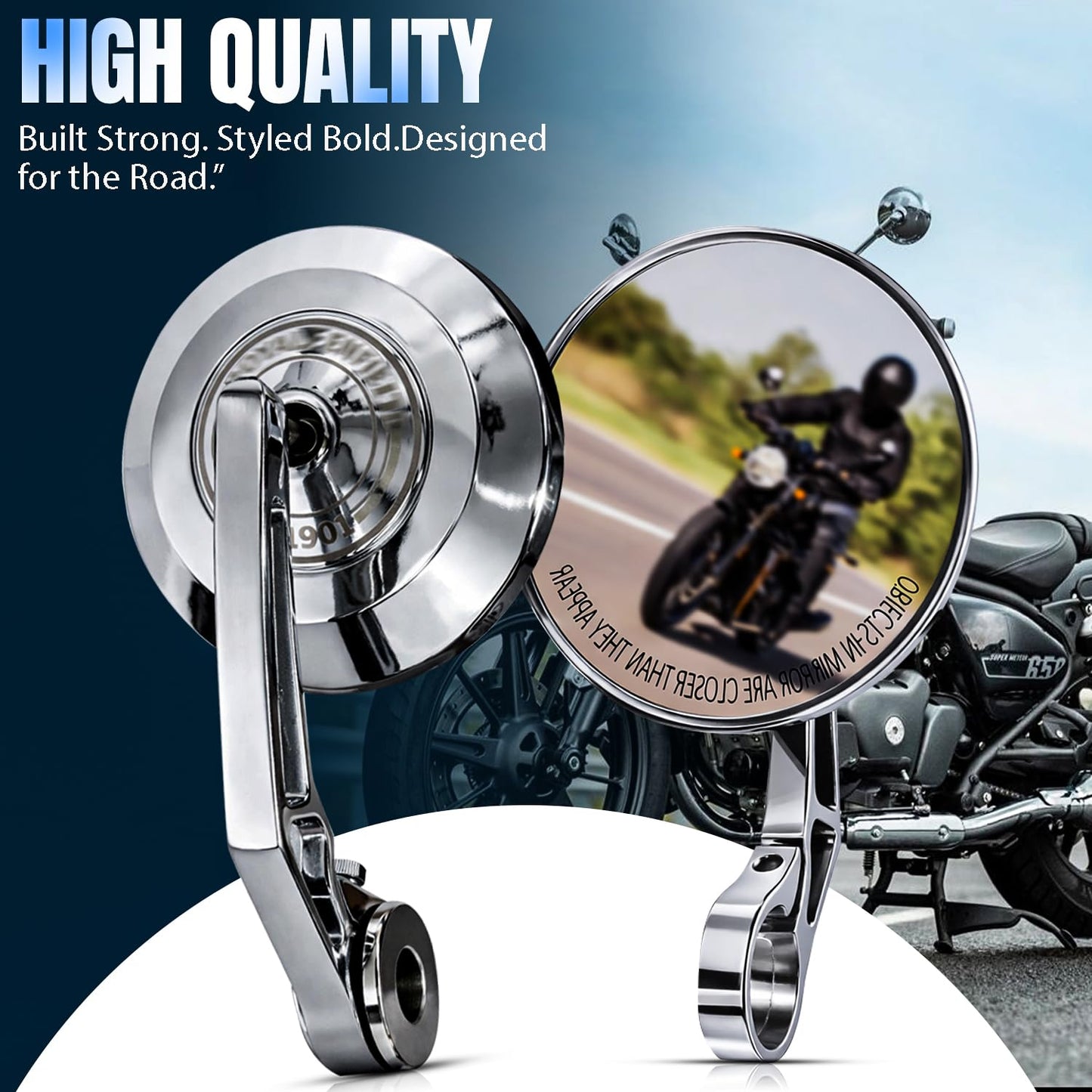 Premium Bar End Mirror for Hunter 350 & Meteor 350 | Round Convex Motorcycle Handlebar End Mirror | CNC Metal Handle & ABS Frame | Anti-Glare Rear View Bike Mirror Set of 2 (Silver)