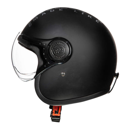 Royal Enfield Open Face MLG Helmet |Made Like a Gun | with Clear Visor | Impact Protection | High Density EPS | ISI and DOT Certified | Micrometric Lock MATT Black (M) 58 CM